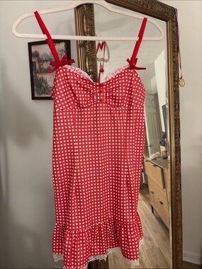 Red and White Gingham Lace Trim Dress